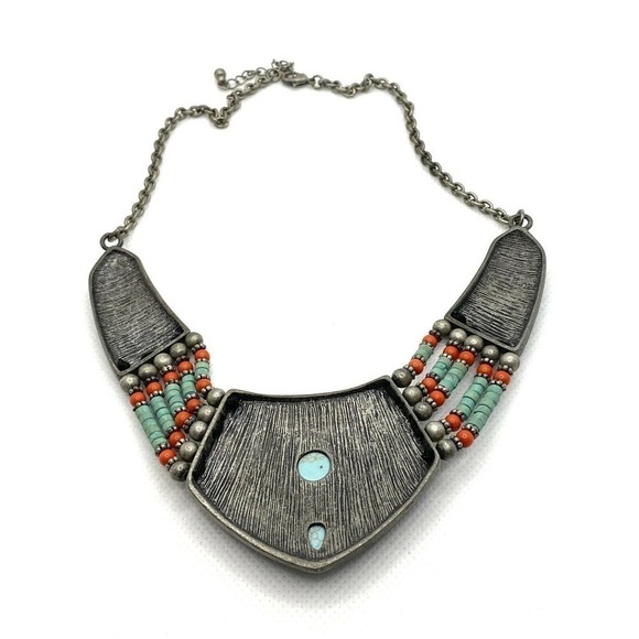 Necklace Southwest Bib Necklace Faux Turquoise Faux Coral Pewter Finish … - Picture 3 of 7